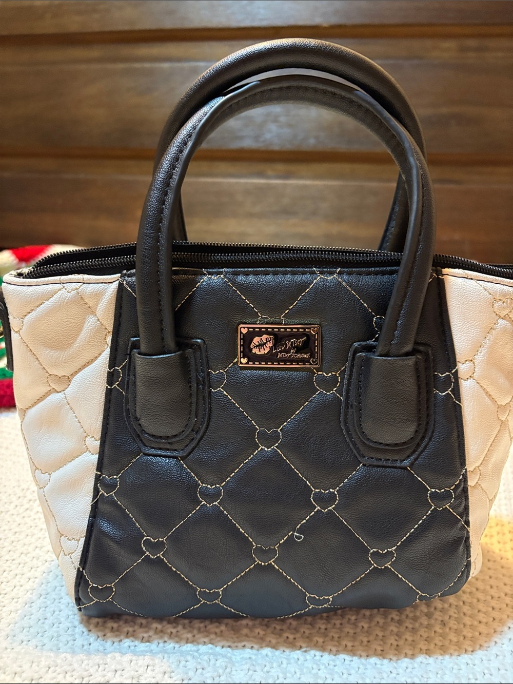 Betsey Johnson Luv Betsey Quilted Satchel Black Cream Heart Stitch Mini Handbag